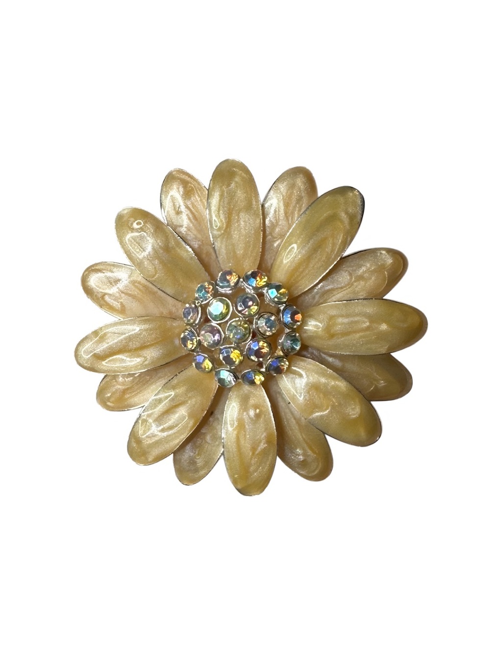 Vintage Golden Flower Brooch with Iridescent Crystal Center